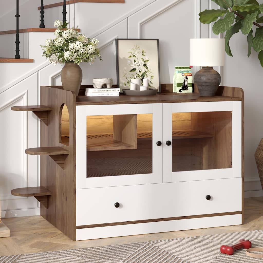 Roomfitters Luxury Cat Litter Box Enclosure Furniture Side Table Cabinet with Deep Cleaning Drawer Brown