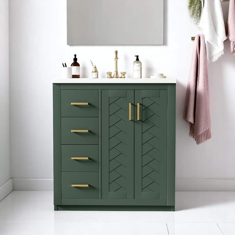 30'' Bathroom Vanity with Sink, Solid Wood Frame, 3 Drawers & 2 Soft-Close Doors, Freestanding Cabinet - Green