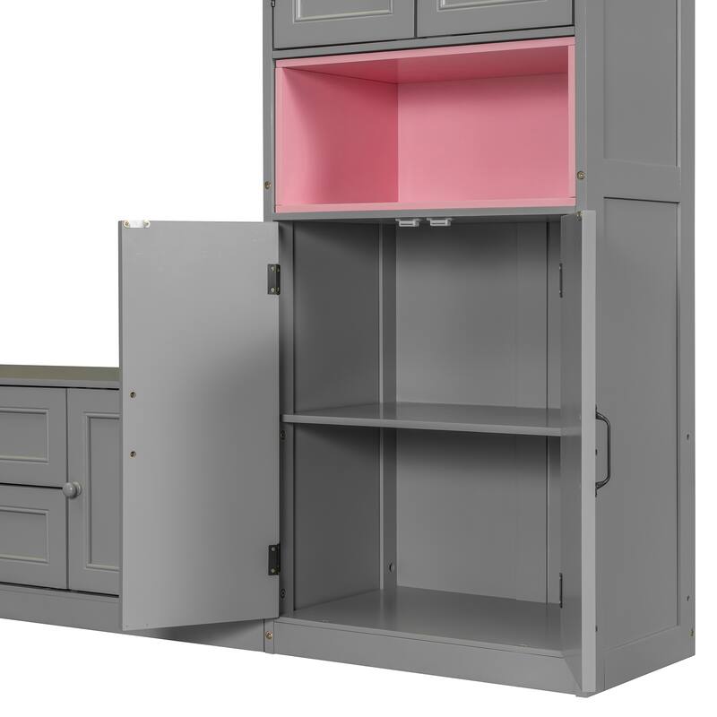 Space-Saving Twin Murphy Bed with TV Stand, Storage Drawers & Shelves in Gray