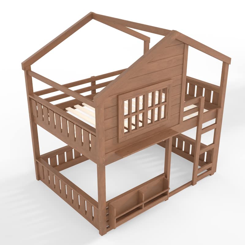 Full/Twin Bunk Bed with Bookshelf, House Design Loft Bed with Safety Fencing, High-Quality Kids Bed Frame