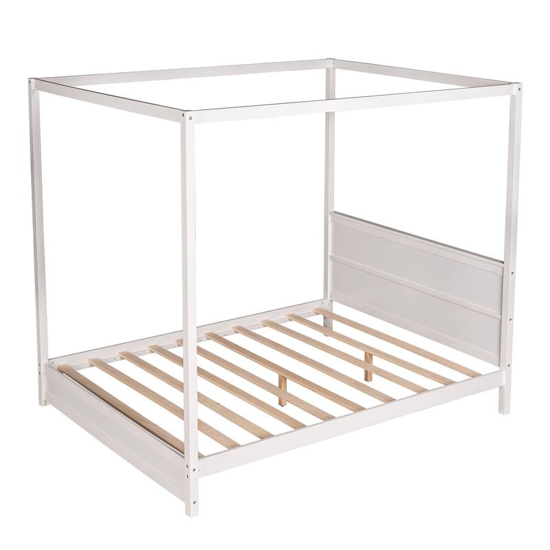 Brown, White Queen Size Canopy Platform Bed with Headboard Modern