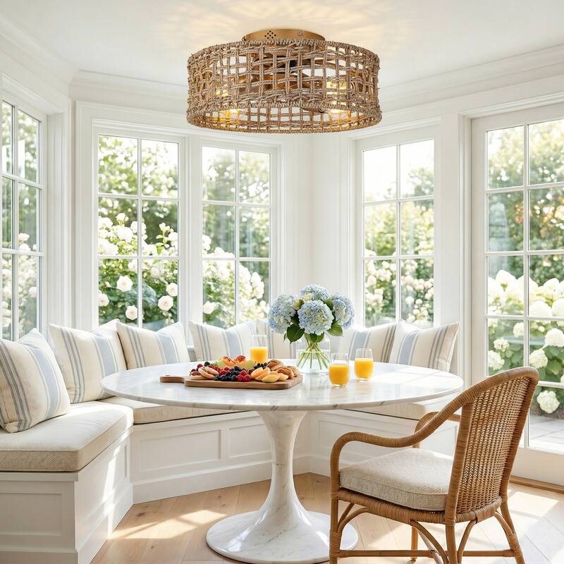 17.7" Natural Corn Straw Rope Brass Caged Flush Mount Ceiling Fan with Remote and App