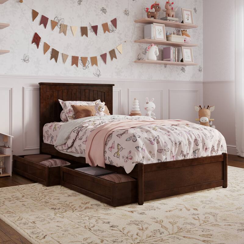 Malta Platform Bed with Panel Footboard and Storage Drawers - Walnut - Twin