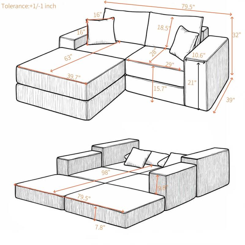 Folding Deep Seat Couch Modular L-shaped Sectional Sofa Corduroy Upholstered Sleeper Sofa Bed with Throw Pillows