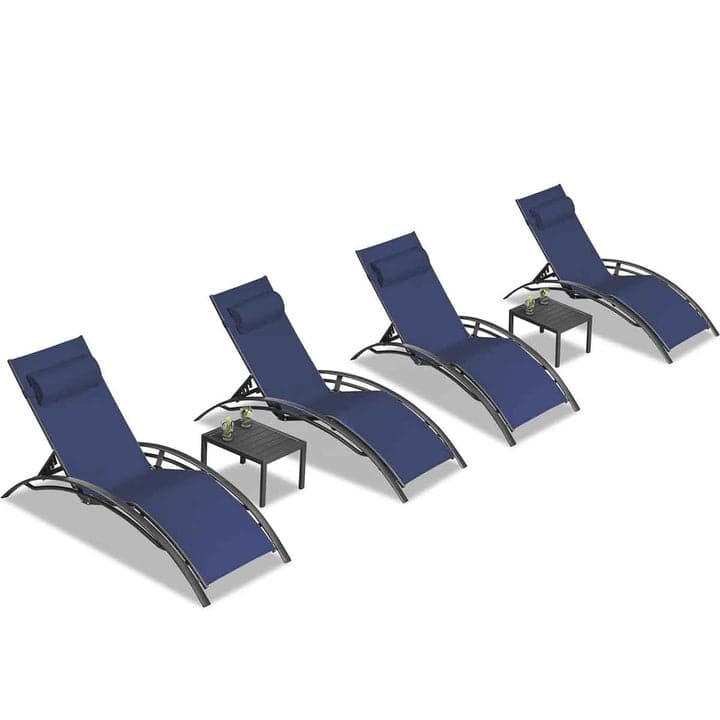 PURPLE LEAF Patio Chaise Lounge Set Outdoor Beach Pool Sunbathing Lawn Outside Chairs with Side Table Included - Oversize Navy Blue 4PC