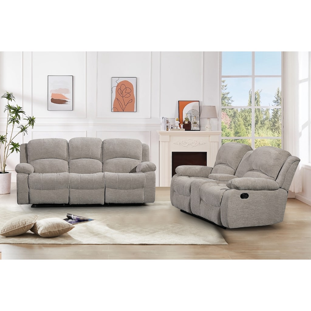 2PC Soft Microfiber Manual Reclining Sofa Set, Drop Down Table, Cupholder Console, Living Room Set