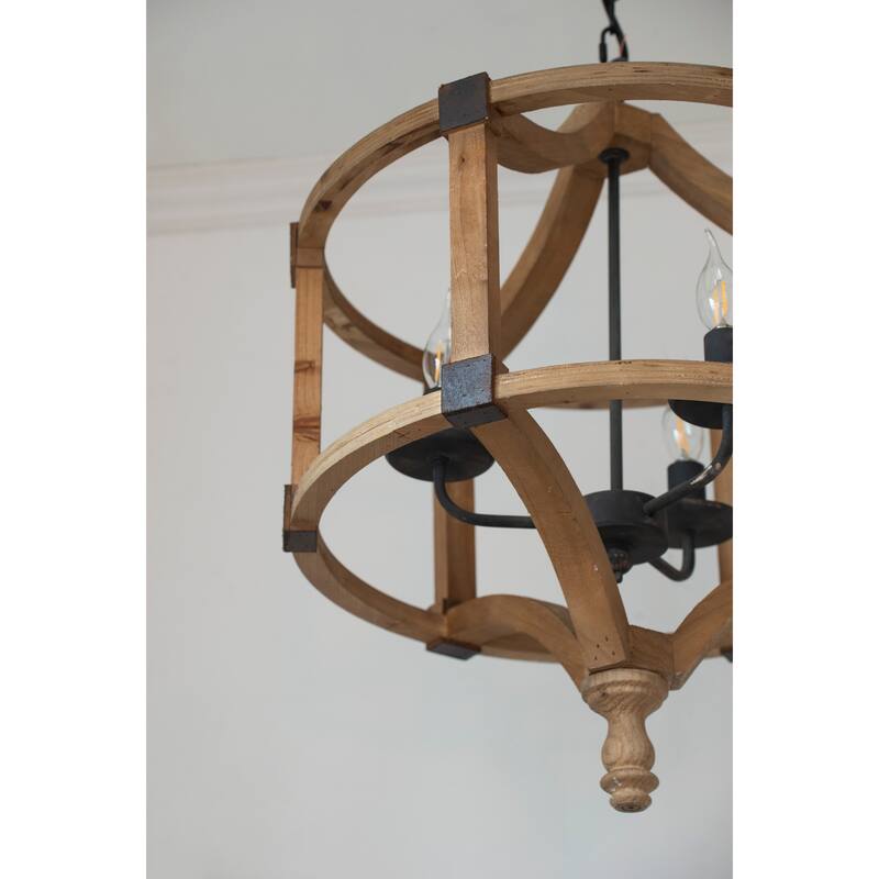 3 - Light Wood Drum Chandelier, Hanging Light Fixture with Adjustable Chain for Foyer Entryway, Bulb Not Included