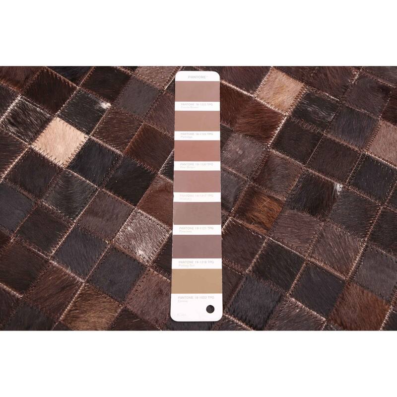 ECARPETGALLERY Handmade Cowhide Patchwork Dark Brown Leather Rug - 5'0 x 5'0