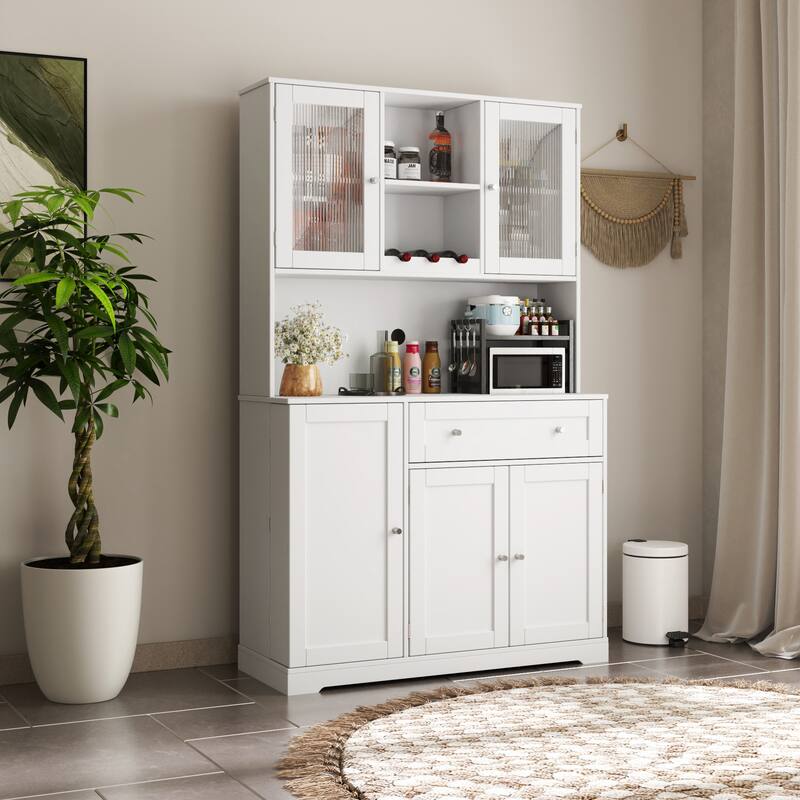 68 Inch High White Kitchen Pantry Cabinet with Hutch,Wine Rack for Dining Room