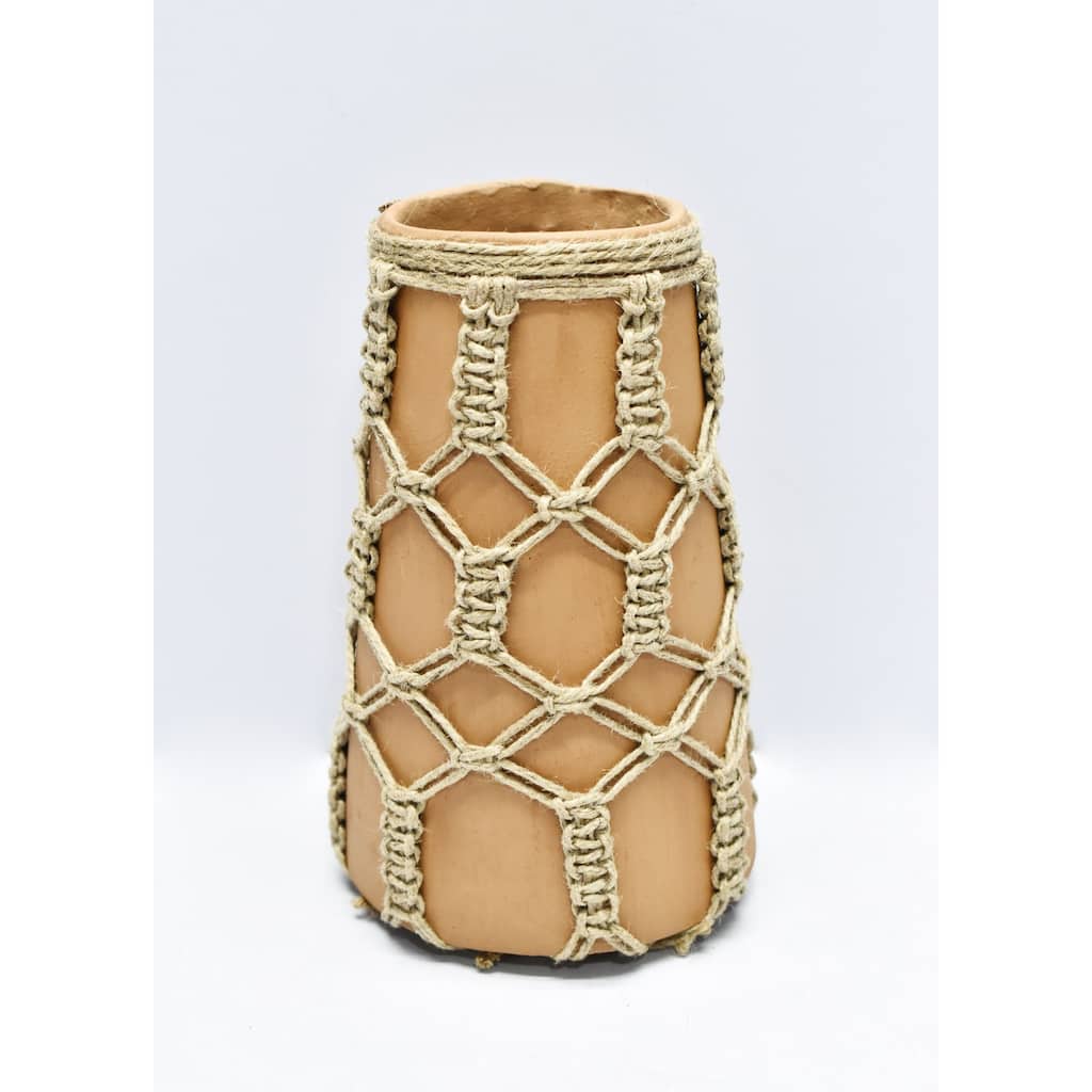 Small Mud Cylinder Vase with Jute Rope - 8.5" - Camel Brown