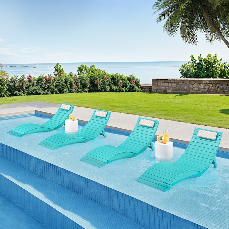 3-Piece Folding HDPS Plastic Outdoor Pool Chaise Lounges with Headrest Cushion - Aruba Blue