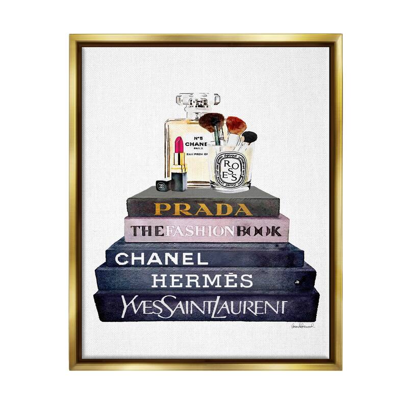 Stupell Glam Fashion Book Set With Makeup Floater Frame - Multi-Color - 24 x 30 - Gold