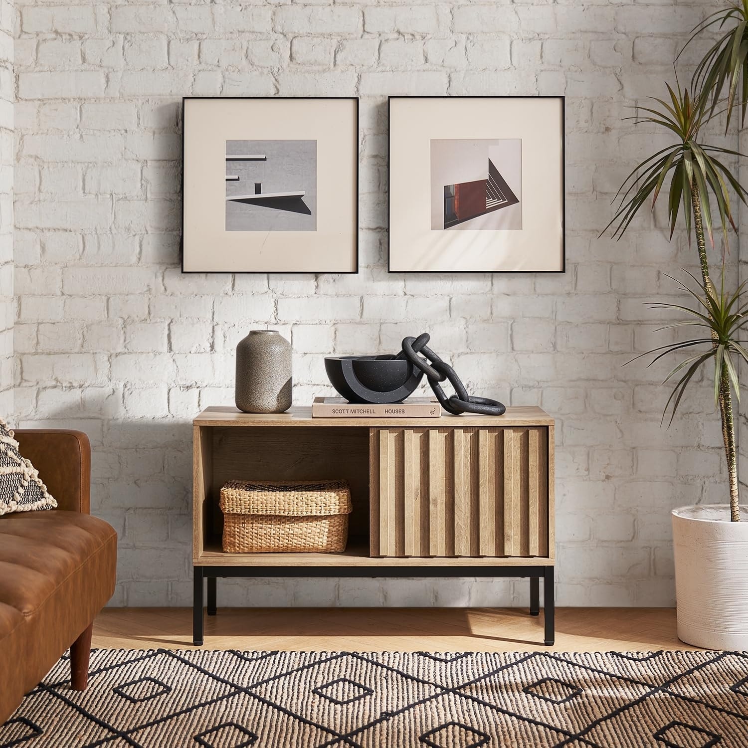 Rustic Modern TV Stand for 60-70" with Storage, Fluted Wood Media Console