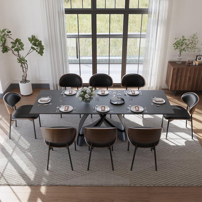 63"-94"Modern Extendable Dining Table for 6-10, Matte Black Kitchen Table with Black Carbon Steel Legs