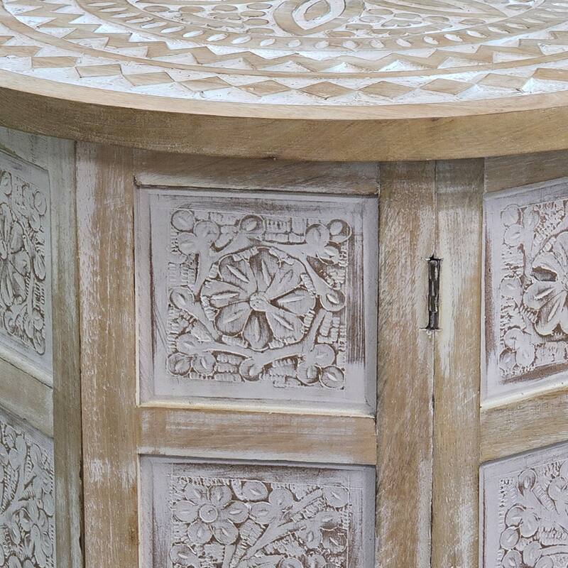 Accent Side Table, Mango Wood 18 Inch Round Top, Hand Carved Inlay Mandala Design, Washed White