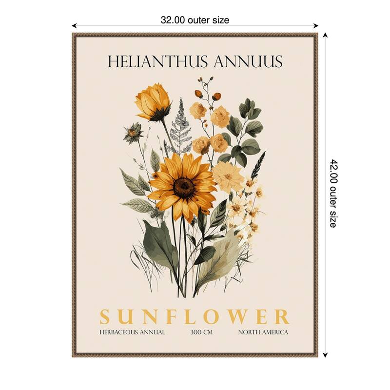Vintage Botanical Sunflower No. 2 Illustration by Christopher Giampietro Framed Canvas Wall Art Print - Gold - 32 x 42 in