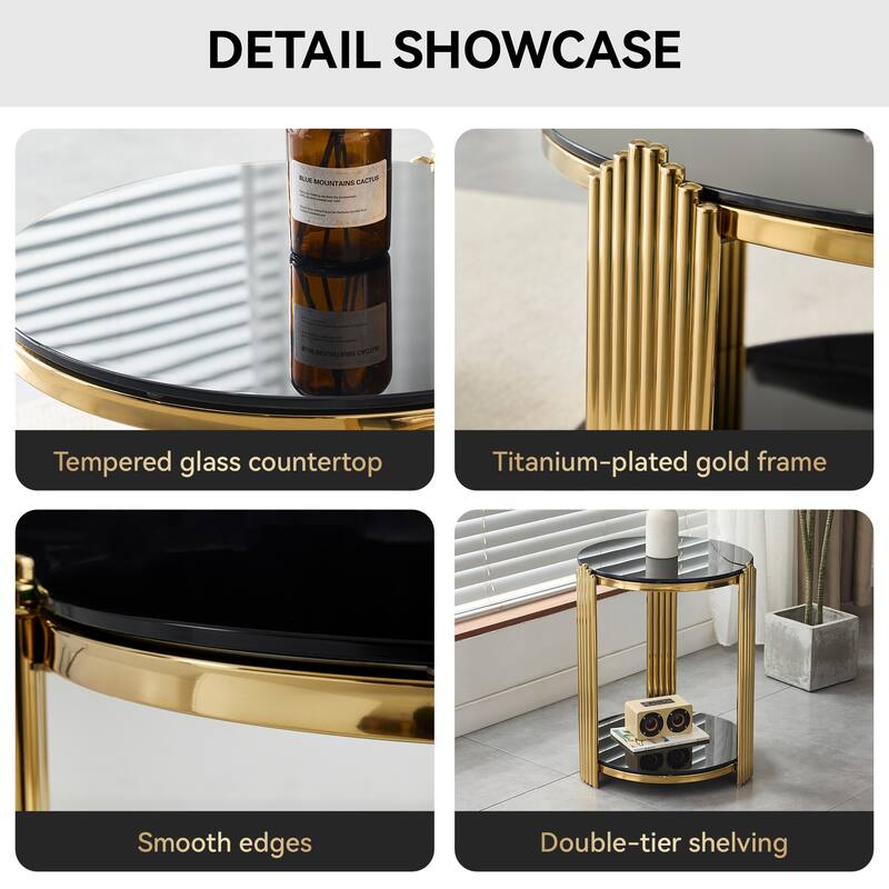 16.9 Inch Modern Round End Table with Double Layer Black Glass, Gold Stainless Steel Frame, Easy Assembly