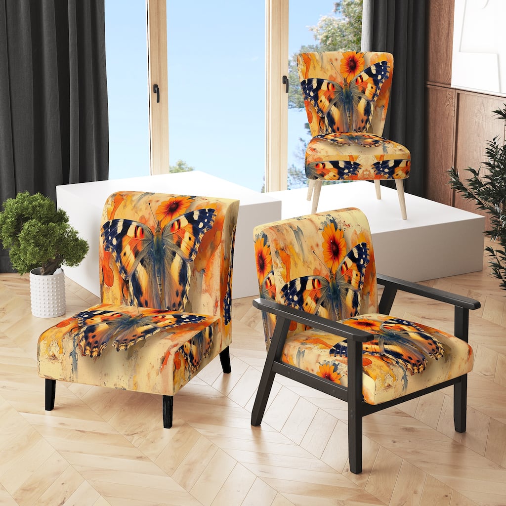Designart "Orange Buttlerfly In Watercolor" Upholstered Floral Accent Chair - Traditional Arm Chair For Living Room