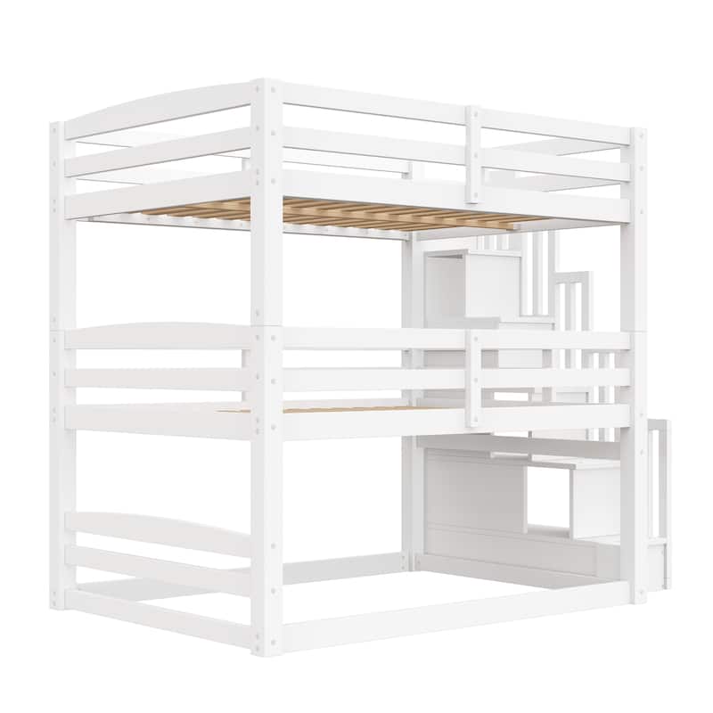 Full Size Triple Bunk Bed with Storage Staircase, Separate Design for Multiple Sleepers