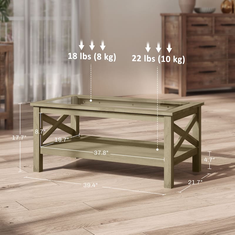 Coffee Table with Tempered Glass Top and Storage Shelf Modern Living Room Furniture - 39.25'' L x 21.75'' W x 17.75'' H