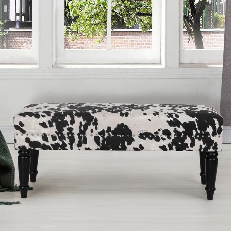 Adeco Rectangular Ottoman Black Milk Cow Bench Fabric Footrest Stool