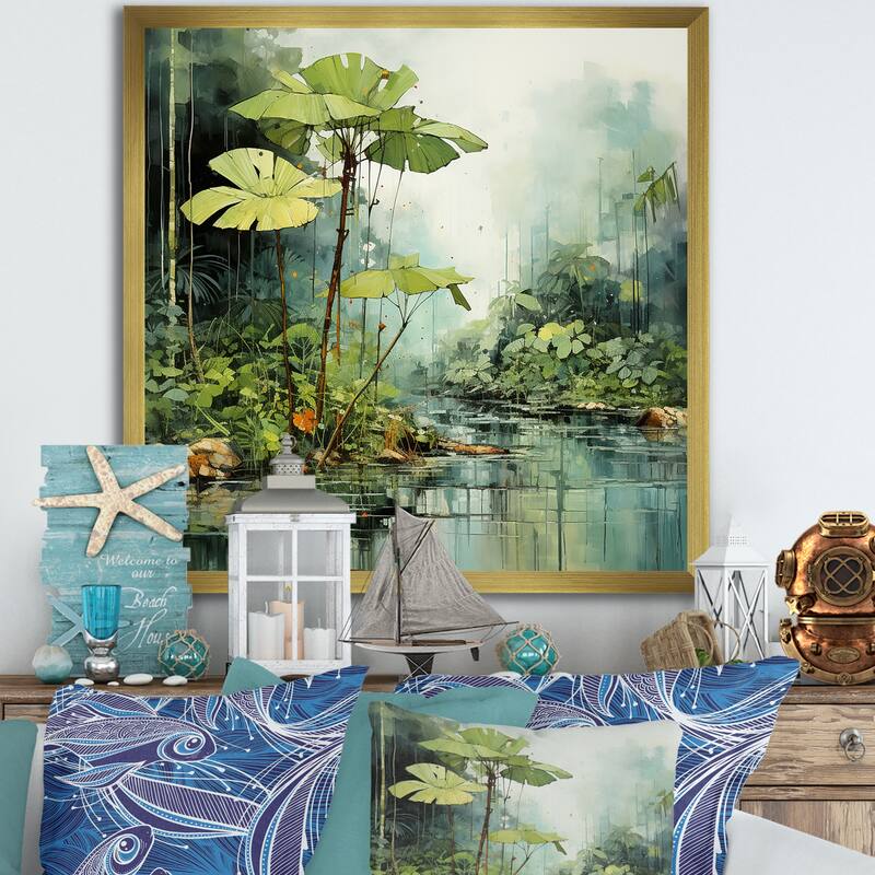 Designart "Tropical Jungle River II" Coastal Tropical Wall Decor Green Coastal Bedroom Framed Canvas Wall Art - 30 in. wide x 30 in. high - Gold
