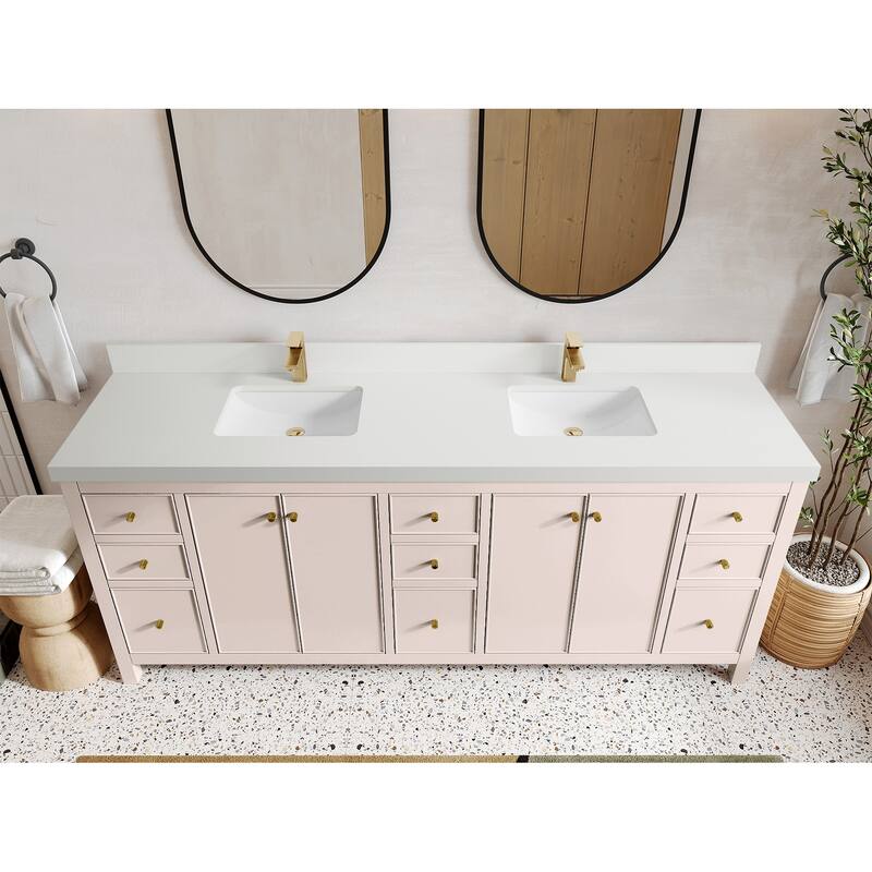 Willow Collections 84 in. W x 22 in. D Chicago Double Bowl Sink Bathroom Vanity with Countertop - 2”White Quartz - Pink