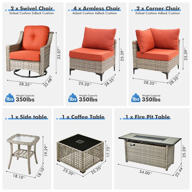 OVIOS 11-Piece Outdoor Wicker Swivel Chair Set With Solar-Powered Coffee Table&Fire Pit