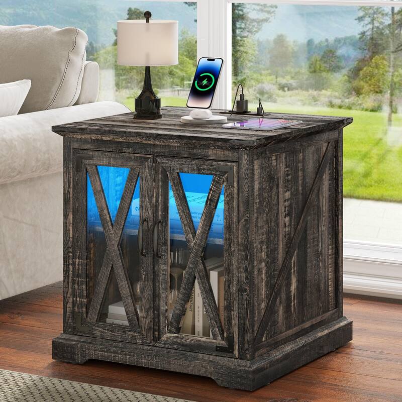 Moasis End Table with Charging Station, Farmhouse Side Table with Storage and Shelves - Oak