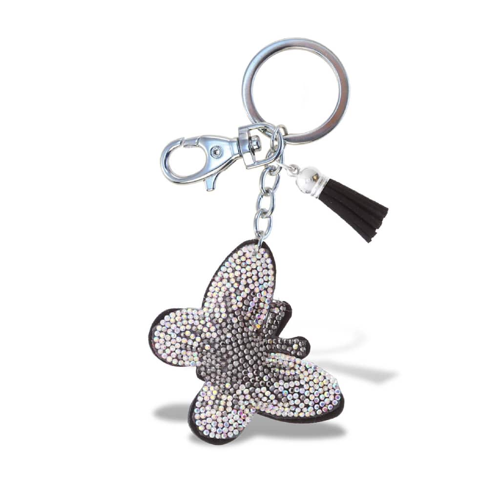 Aqua79 Butterfly Keychain - Grey Sparkling Rhinestones Charm w/ Tassel - 2.25 x 2.25 x 0.25 inches