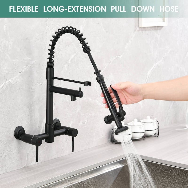 Dornberg Wall Mount Kitchen Faucet with Sprayer, 2 Handle Pull Down Faucet