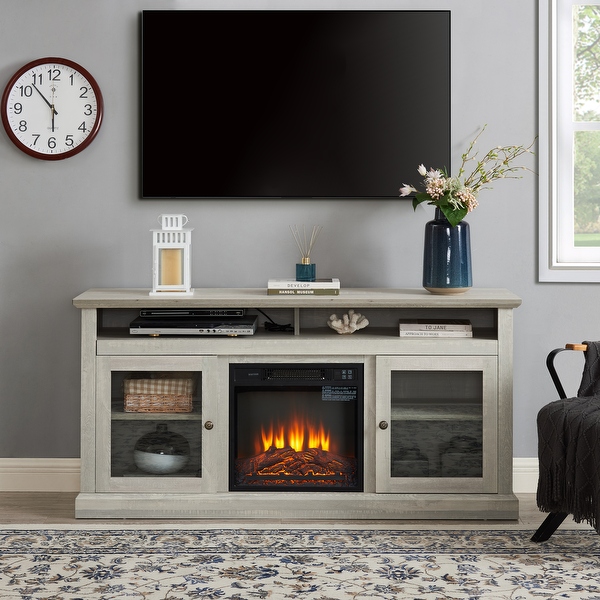 Stone Gray 60 Fireplace TV Stand with Glass Doors and Open Closed Storage for TVs Up to 65 Bed Bath Beyond 42092033