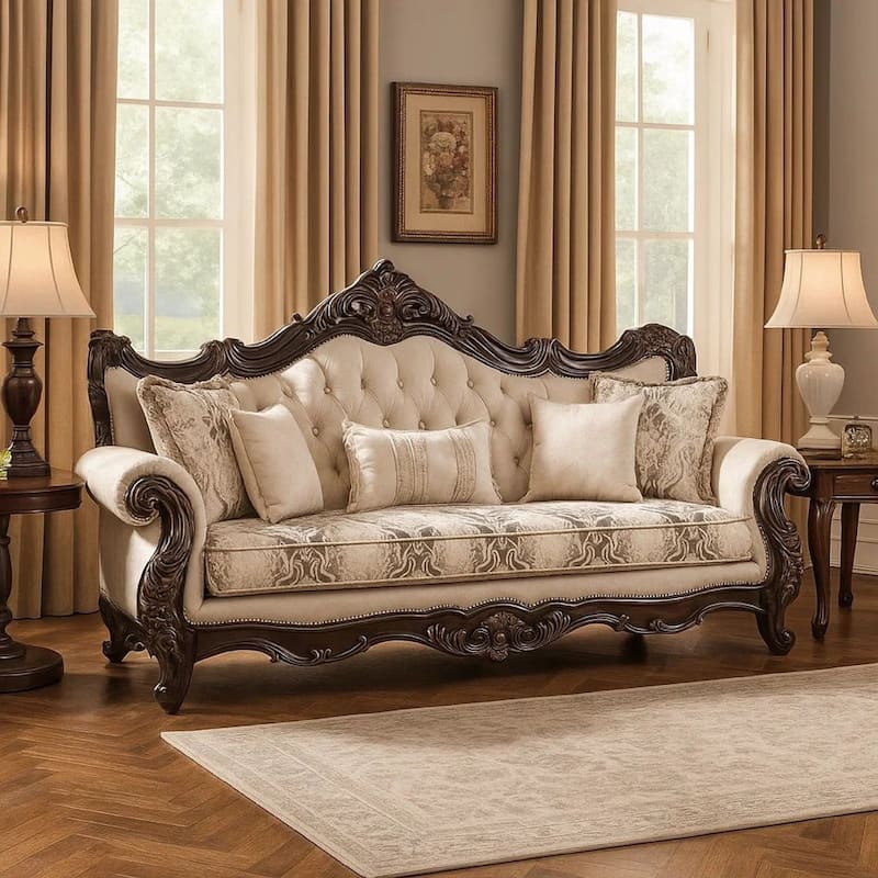 Puhi Sofa w Accent Pillows, Beige Fabric, Ornate Carved Wood, 95 Inch