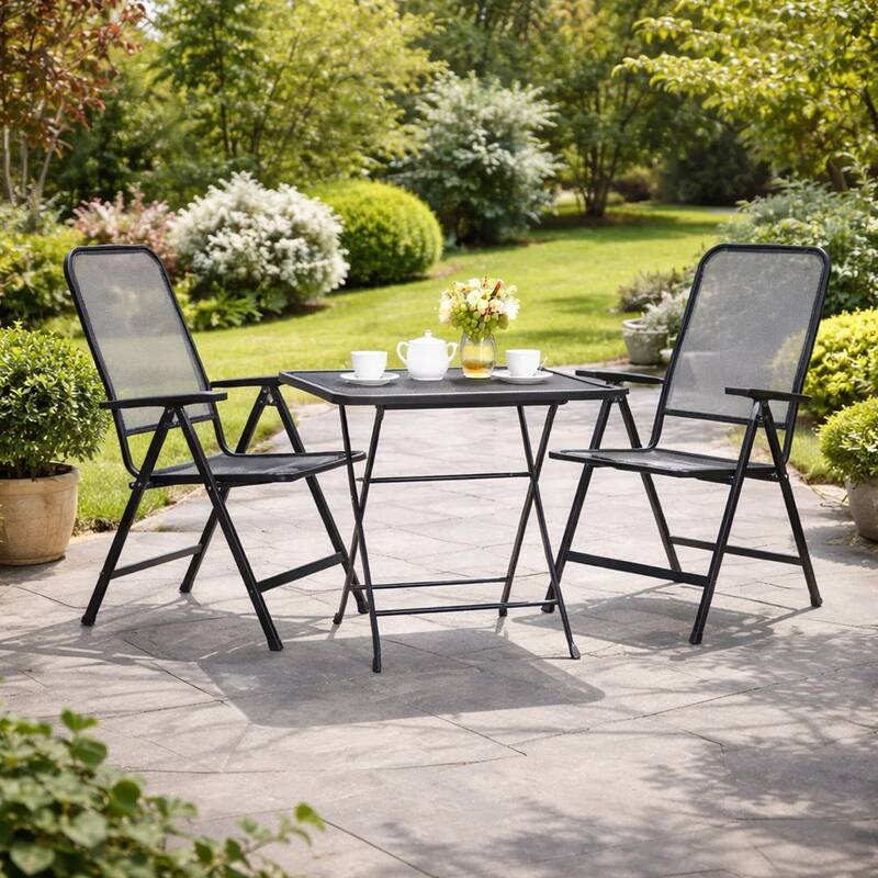 Zofi 3pc Outdoor Dining Chair and Table Set, Foldable Mesh Gray Metal
