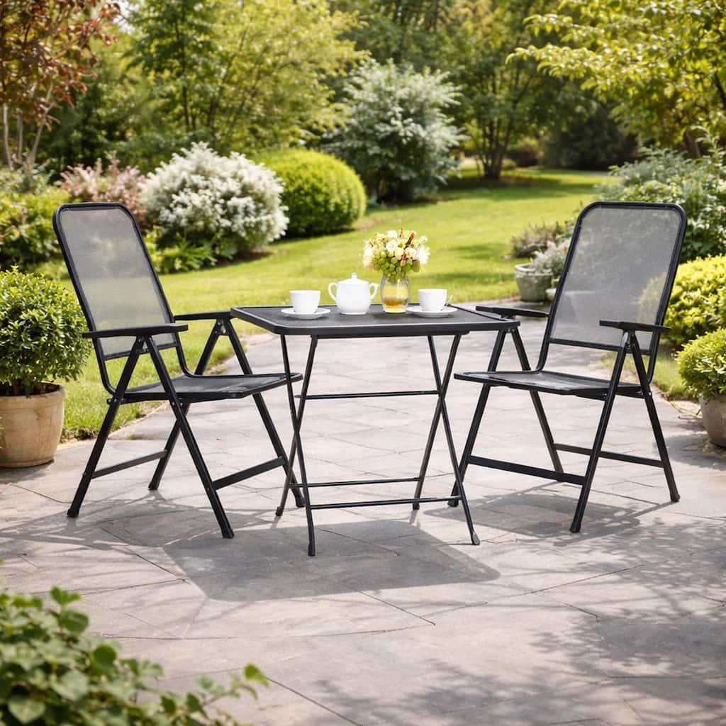 Zofi 3pc Outdoor Dining Chair and Table Set, Foldable Mesh Gray Metal