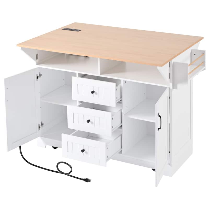 55.7''Kitchen Island,2 Drop Leaf,Rolling Kitchen Cart on 5 Wheels,Power Outlet,Folding Dining Table,Spice & Towel Rack,3 Drawers
