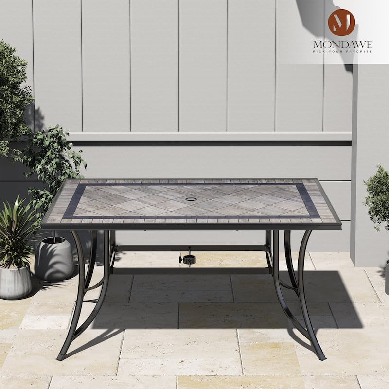 Aluminum Rectangle Patio Dining Table for 6 Seating Metal Steel Slat with Umbrella Hole