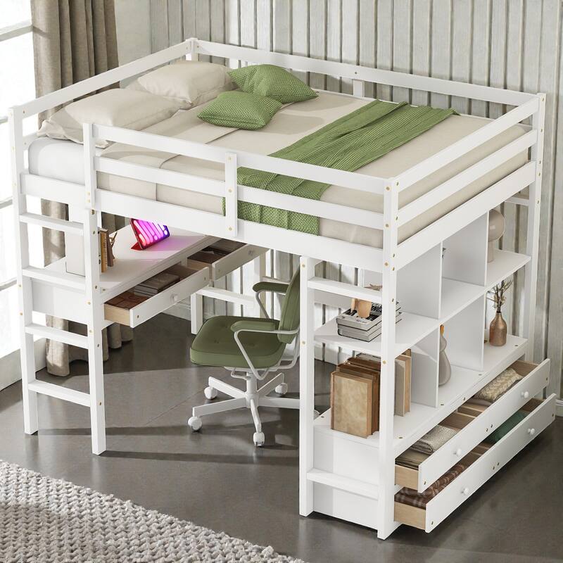 Full Size Loft Bed with Built-in Desk, Storage Drawers, Shelves and Cabinets, Space-Saving Workstation Bed Frame