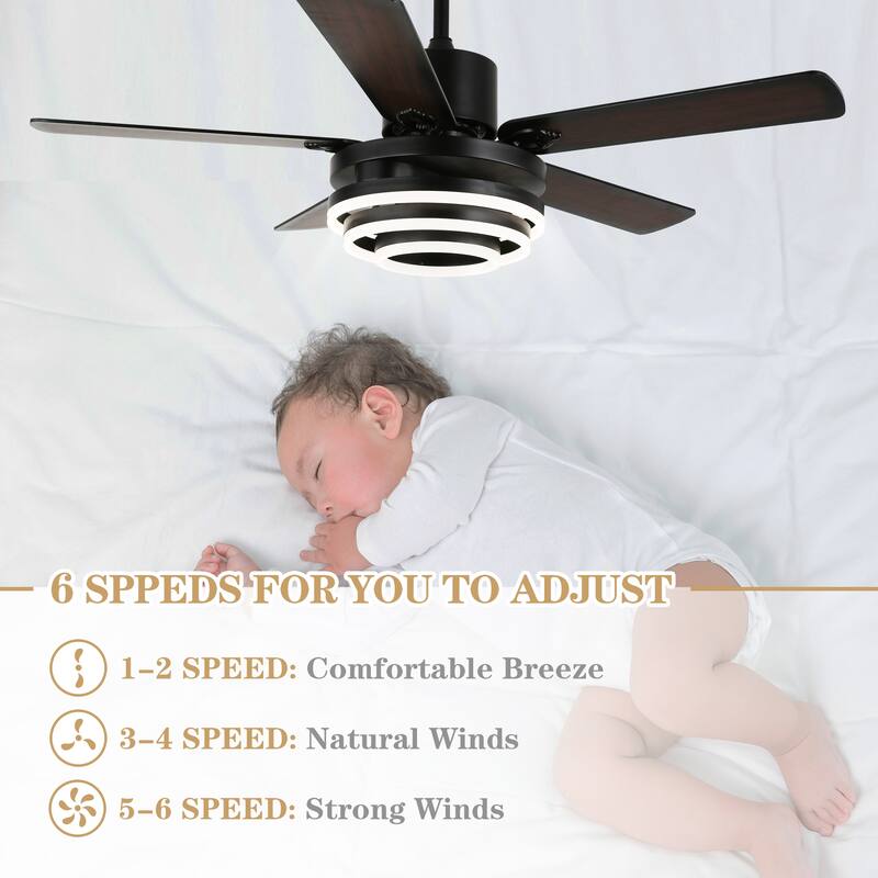 52Inch Modern DIY Shape Reversible Ceiling Fan with LED Light, 6-Speed Ceiling Fan with Remote for Large Room - 52 Inches