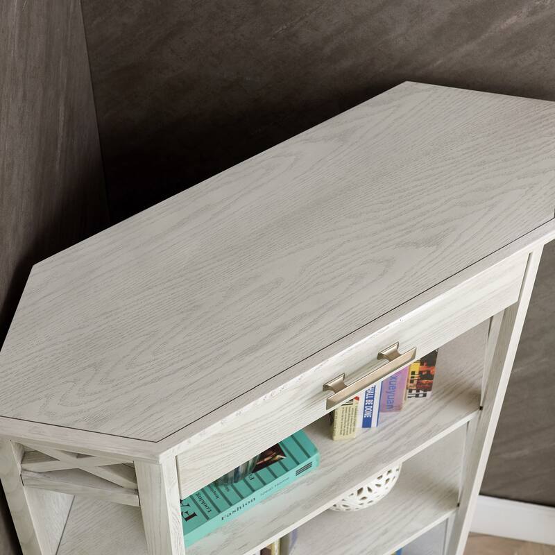 Leick Home Mantel Height 3-Shelf Corner Bookcase with Drawer Storage