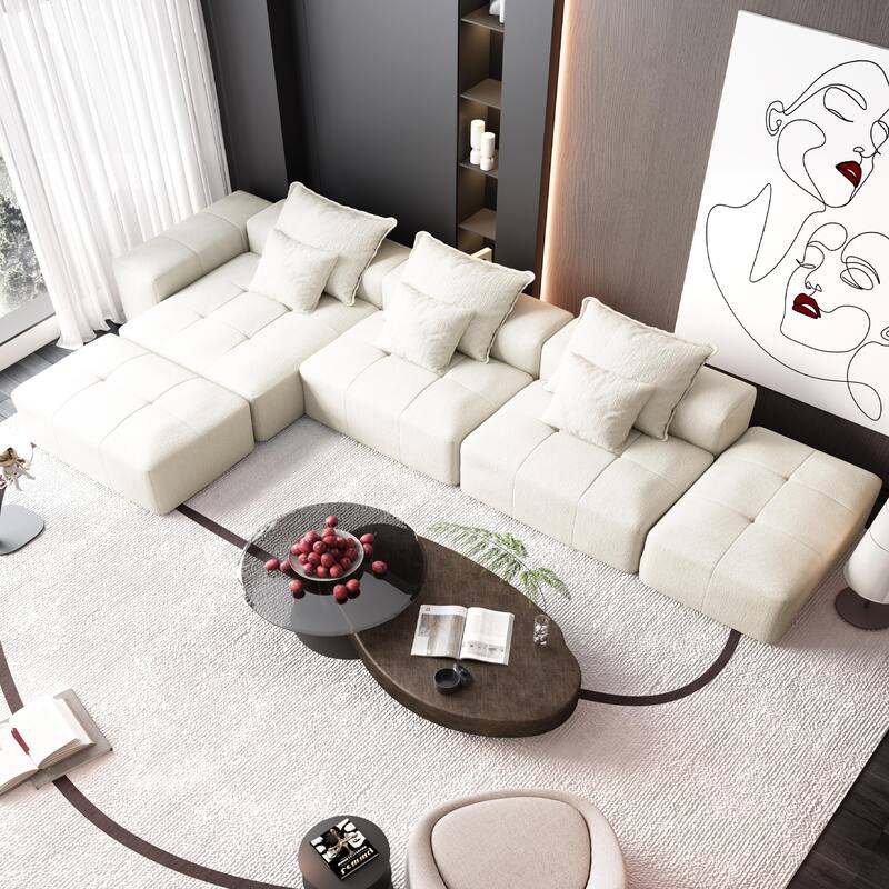 Modern 6 PCS DIY Combination Tufted Modular Sofa with 6 Pillows - Beige