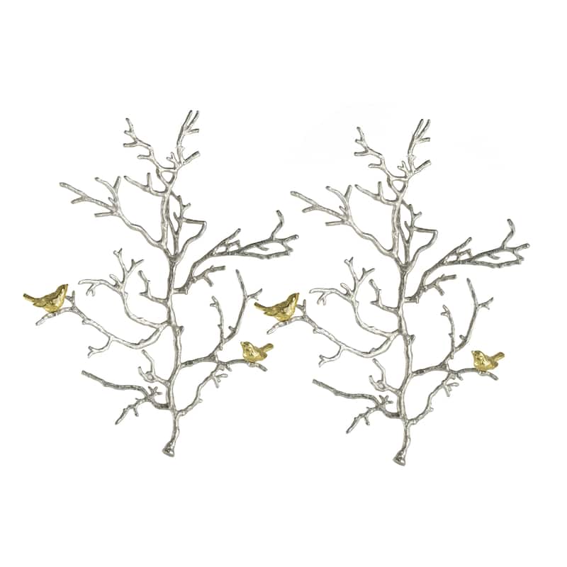 17x5.5x22" Metal Branch Wall Sculptures with Bird Accents, Set of 2 - Silver Multi