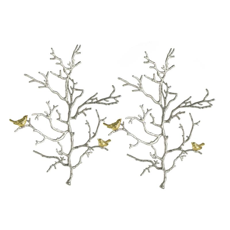 Set of 2, Industrial-style Wall Decor Branch Wall Sculptures with Bird Accents, for Living Room, Office and Entryway - Multi