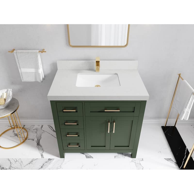 Willow Collections 36 in. W x 22 in. D Cambridge Right Offset Sink Bathroom Vanity with Countertop - 2" Carrara Quartz - Pewter Green