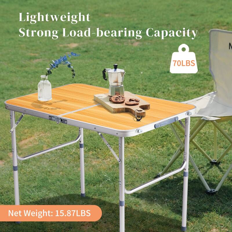 Portable Folding Table with Aluminum Frame and Wood Grain Top