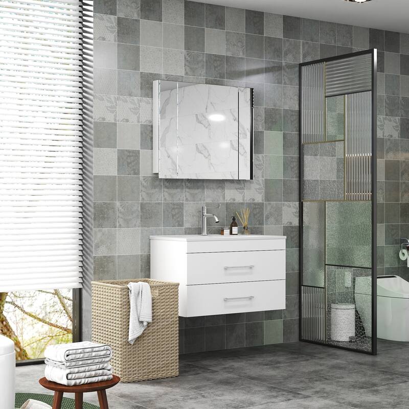 GDFStudio - 32-Inch White Gloss Wall-Mounted Bathroom Vanity with Double Drawers
