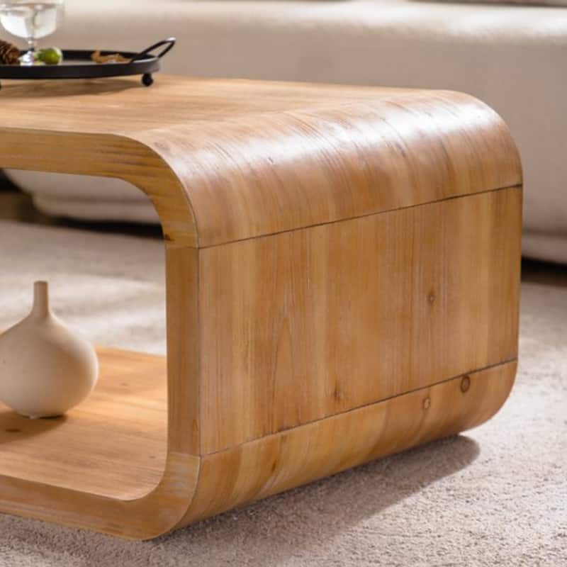 GDFStudio - Modern Curved Open-Frame Coffee Table with Light Wood Finish and Open Storage Shelf