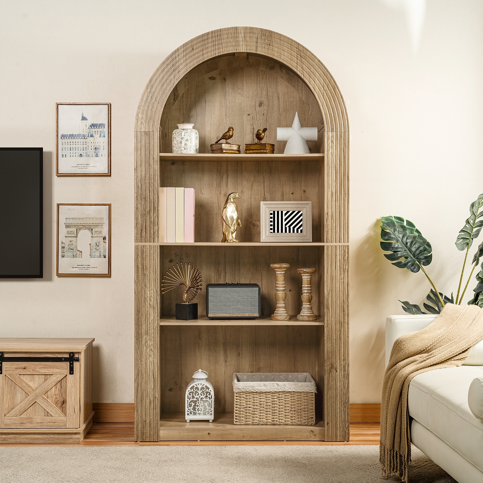 78.74" Tall Arched Bookcase, Mid Century Modern 4-Tier Arched Storage Bookcase