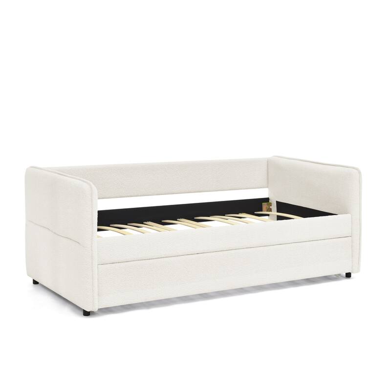 Daybed with Trundle Upholstered Tufted Sofa Bed, Twin Size, Boucle Fabric, Beige (83"x43"x29.5")