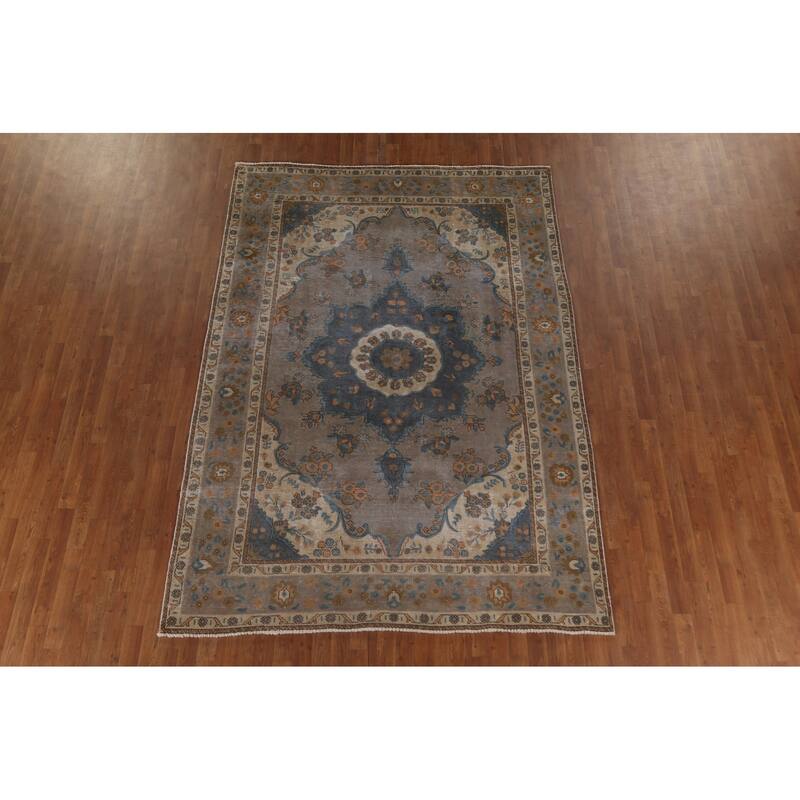 Distressed Brown Over-Dyed Tabriz Persian Vintage Rug - 6'8"x 9'6"